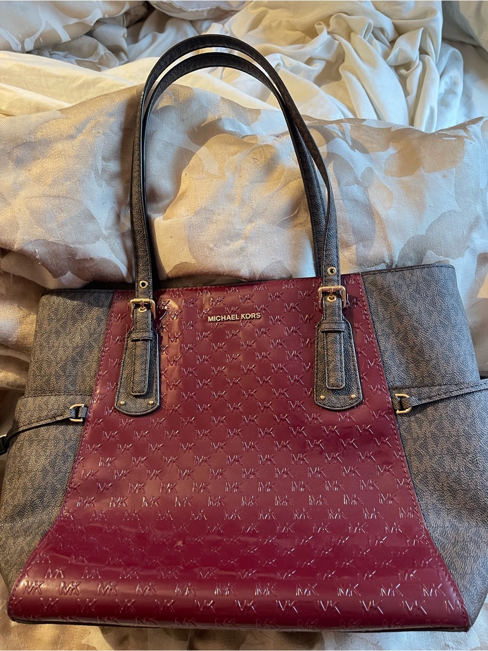 Michael Kors Burgundy and Gray/Tan Tote with Gold Hardware